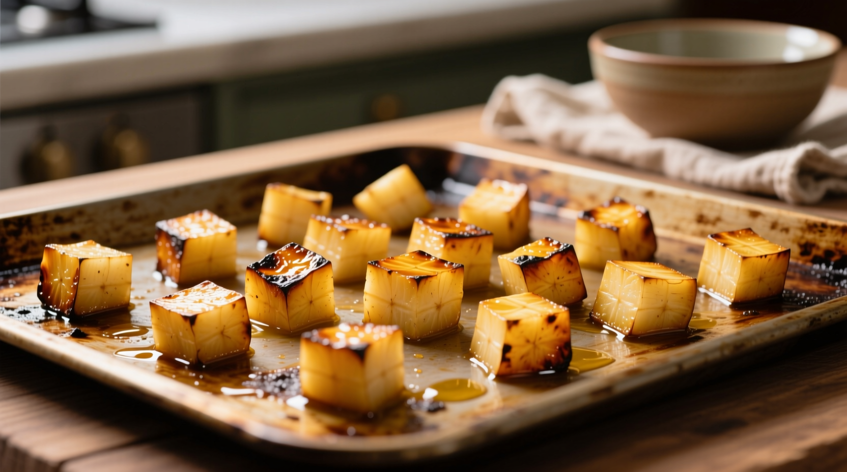 Golden rutabaga cubes roasting on baking sheet