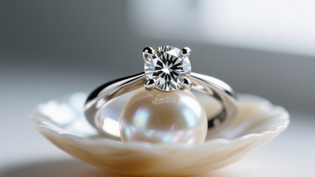 Macro shot of platinum four-prong diamond setting on the pearl cup base showing precise metal polishing and secure diamond grip.