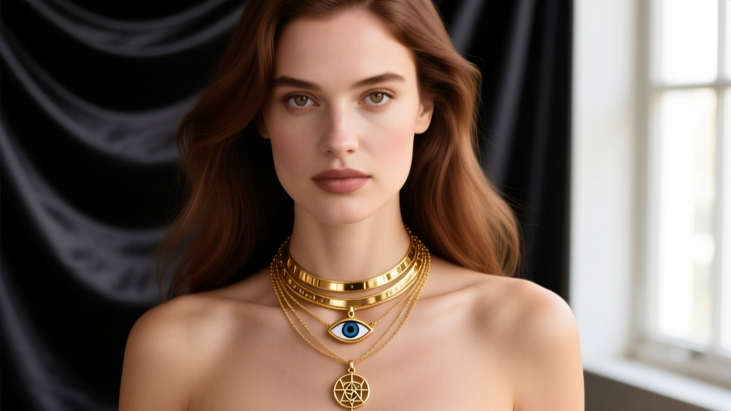 Close-up of a woman wearing layered 14k gold symbolic necklaces featuring an evil eye and alchemy pendant against silk.