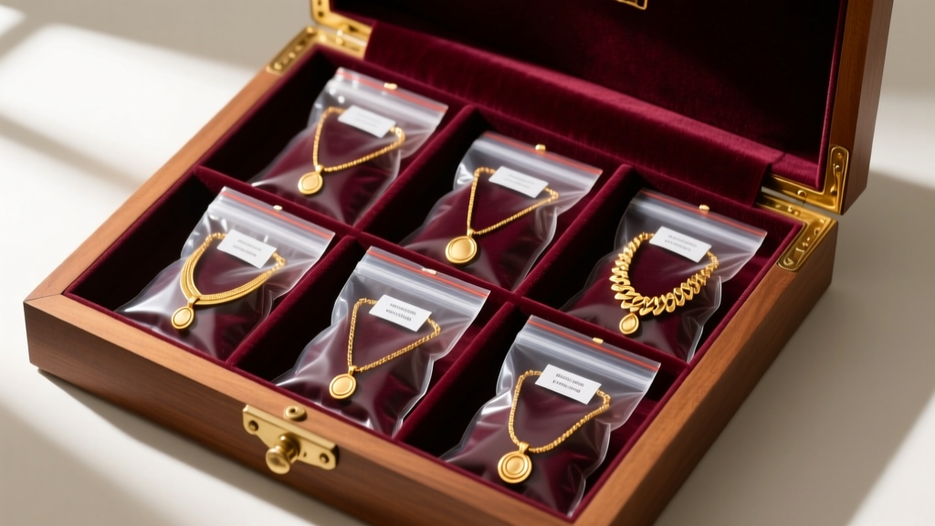 Gold-plated necklaces in ziplock bags with anti-tarnish strips, organized inside a shallow velvet-lined wooden jewelry drawer.