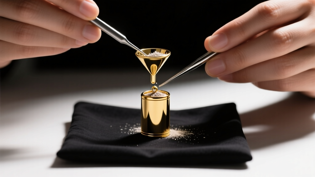 Hands using a micro-funnel and metal pin to transfer fine ashes into a 24k gold cylinder pendant over a dark catching cloth.