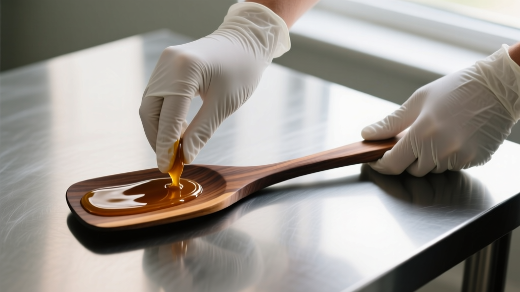 Hands wearing food-safe nitrile gloves applying carnauba wax and mineral oil blend to dark walnut wooden spatula on steel table