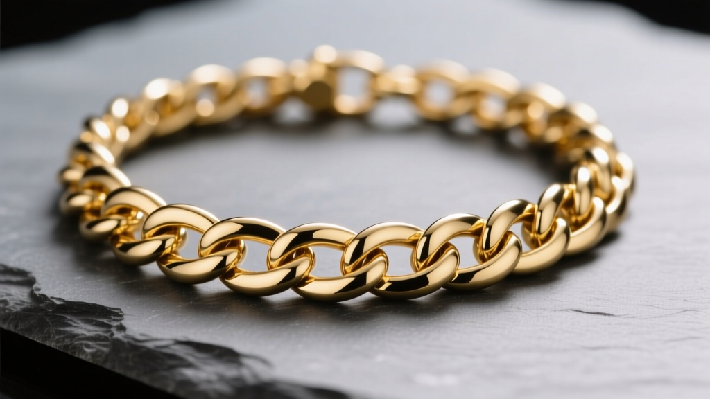 Close-up of a 12mm thick gold Cuban link necklace on slate, showing interlocking links and polished finish under studio light