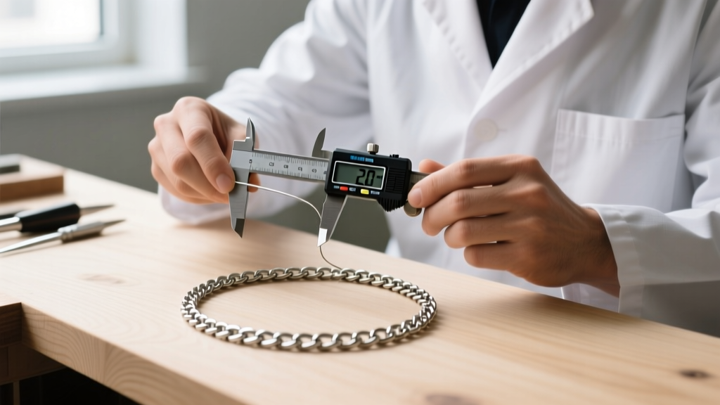 Jeweler using digital calipers to measure the 2.0mm wire gauge of a stainless steel rolo chain necklace on a wooden workbench