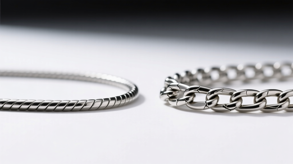 Comparison of a smooth 2mm snake chain and a kinked 0.9mm chain, showing permanent metal crushing at a sharp bend point.