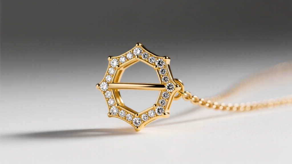 Macro photography of an 18k yellow gold diamond-studded bale on a necklace connecting to a delicate cable chain, studio lighting