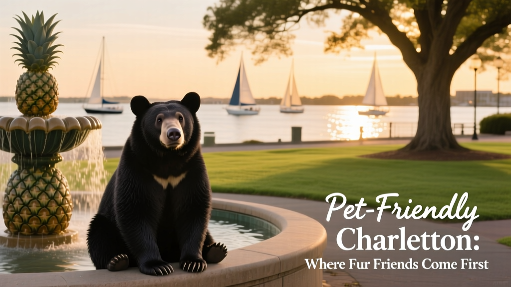 Bear sitting calmly beside the Pineapple Fountain at Riley Waterfront Park, with Charleston Harbor in the background