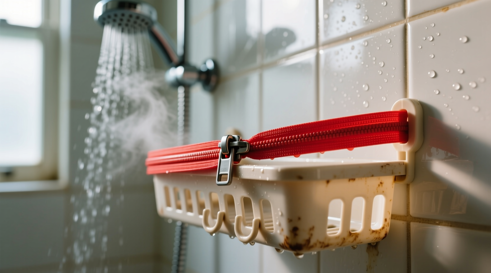 use a zip tie to hold a shower caddy in place