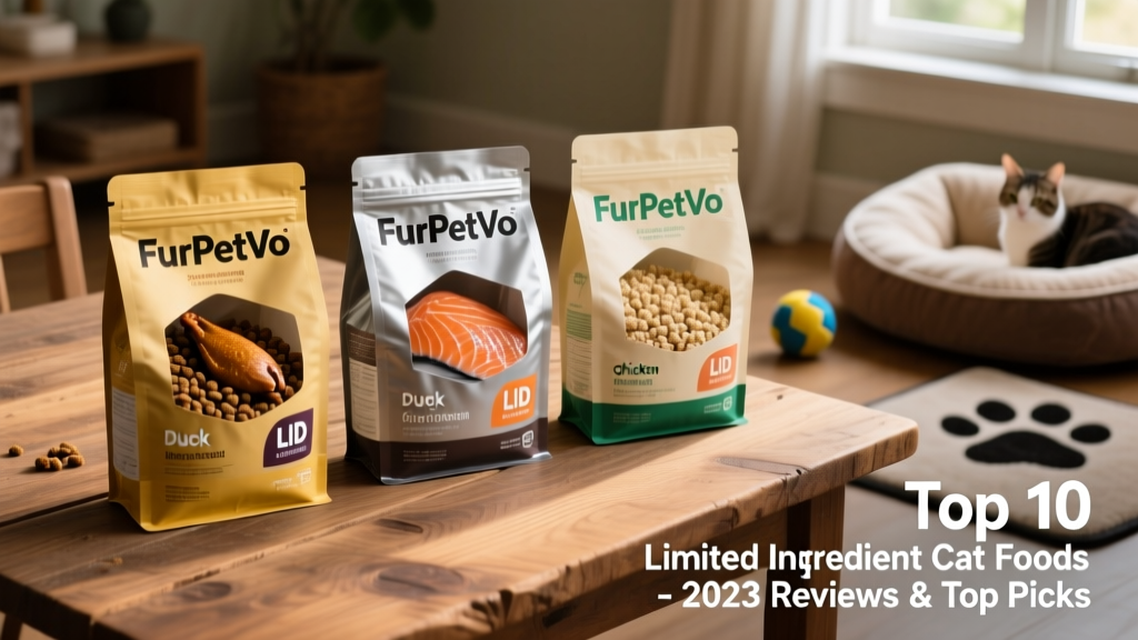 Side-by-side comparison of FurPetVo LID Dry Cat Food bags in different protein varieties: duck, salmon, and chicken