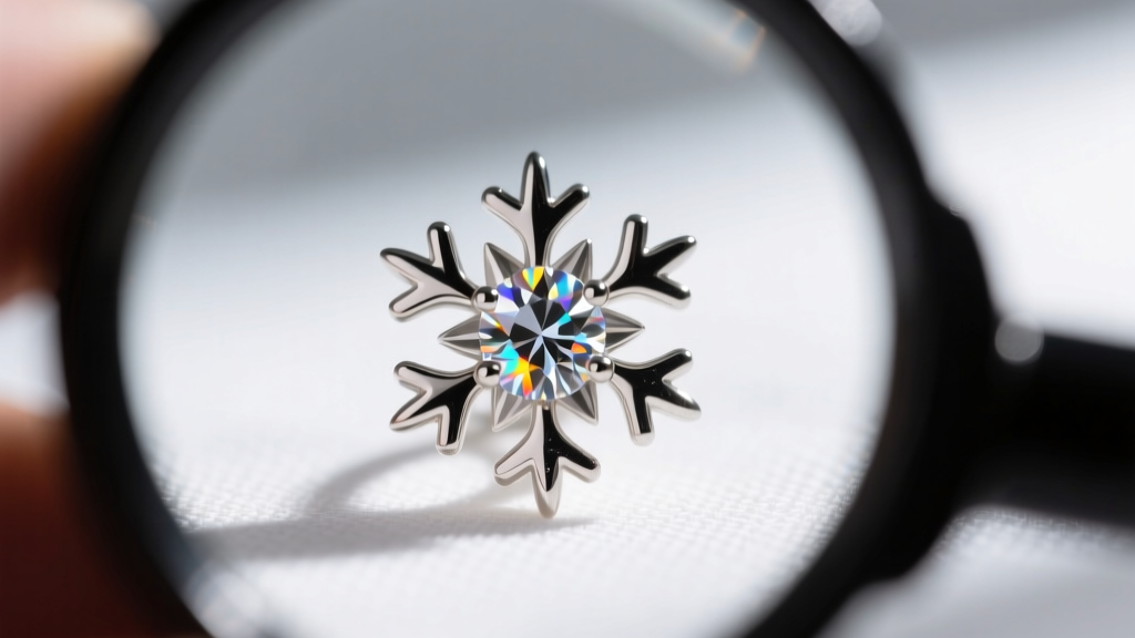 Jeweler loupe view of a six-prong snowflake earring setting, highlighting 0.9mm platinum prongs securing a 2mm melee diamond.