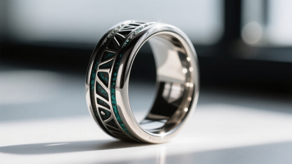 Macro shot of oxidized sterling silver signet ring, highlighting dark patina in engraved recesses and bright polished high points