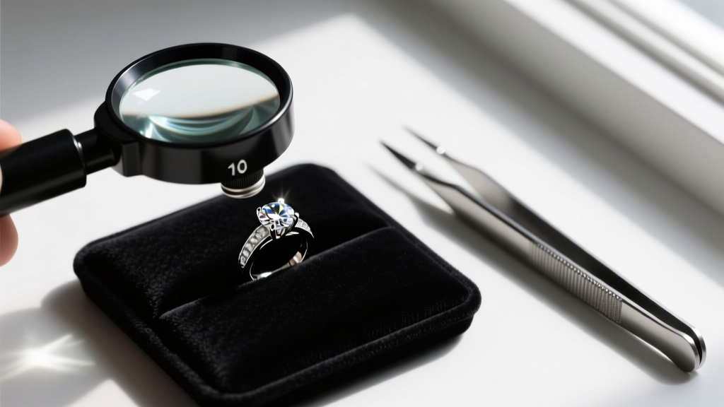 Overhead view of a diamond ring being inspected under a 10x loupe, resting on a dark velvet pad next to a metal prong pusher tool.