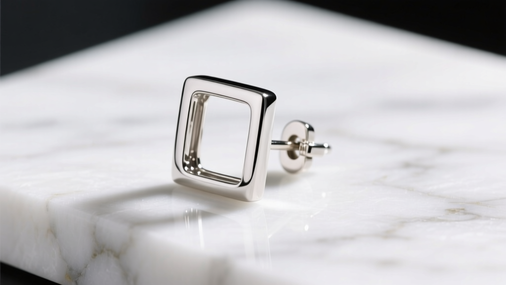 Macro shot of a sterling silver rectangular frame earring with a secure la pousette clasp, resting on a white marble surface.