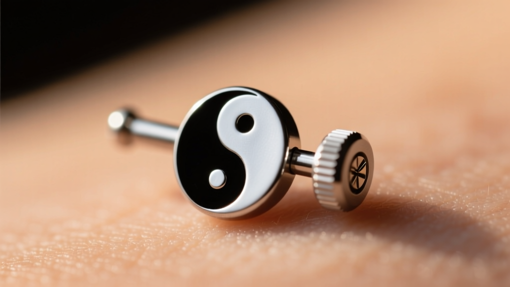 Close-up of a 16-gauge yin and yang cartilage helix stud, showing the flat-back post and secure locking mechanism on the ear.