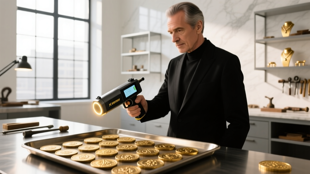 A professional jeweler holding a high-tech XRF gold analyzer gun aimed at a tray of vintage gold coins in a well-lit workshop.