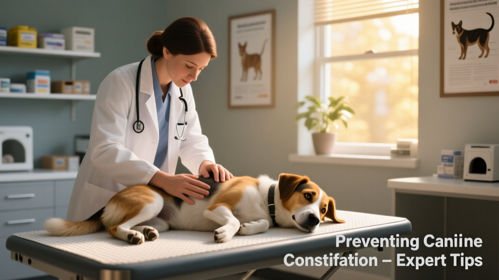 Veterinarian gently palpating a dog's abdomen during a wellness exam