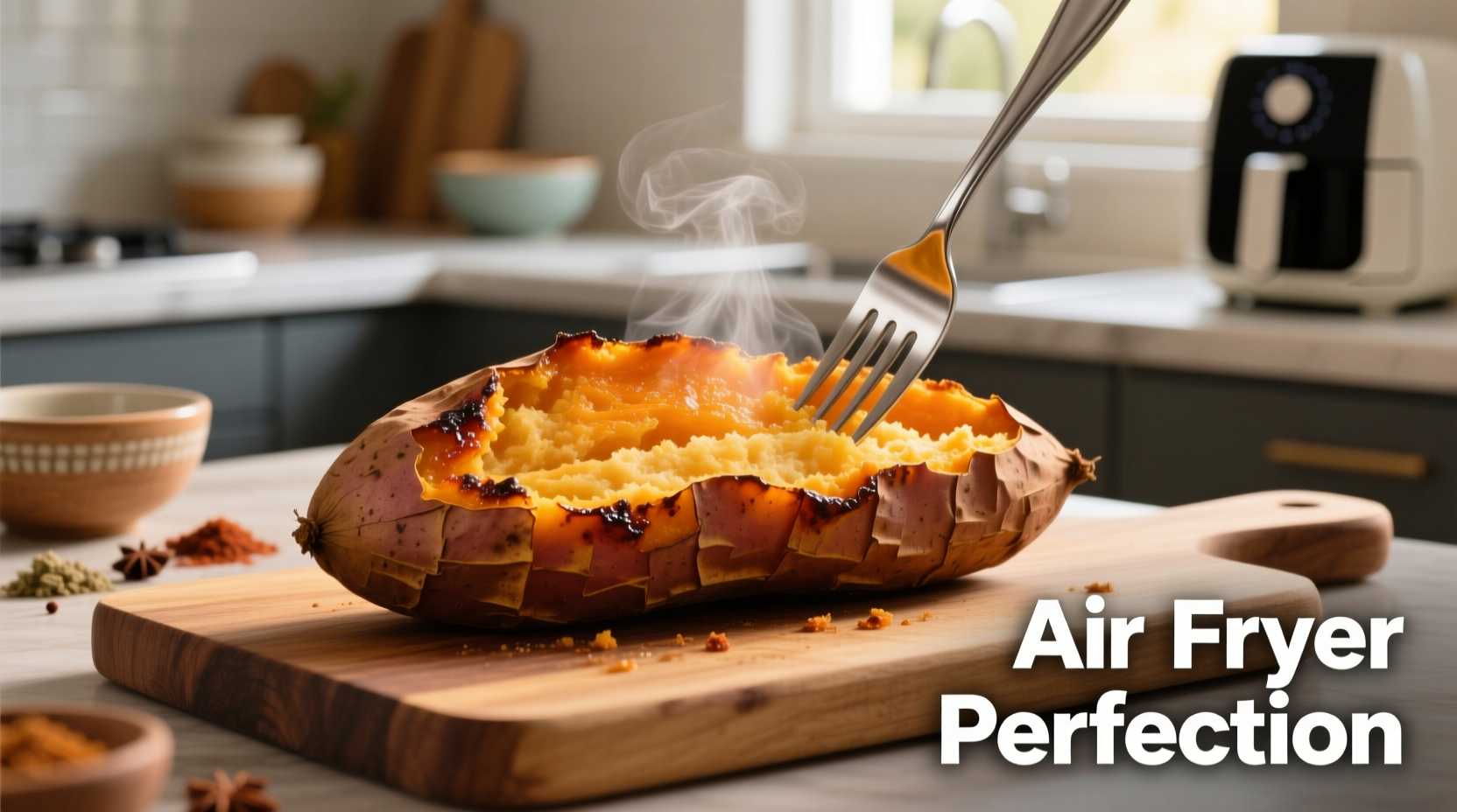 Perfectly cooked air fryer sweet potato with fork showing fluffy interior