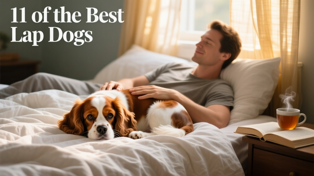 A Cavalier King Charles Spaniel sitting comfortably on a bed, cuddled up beside a person