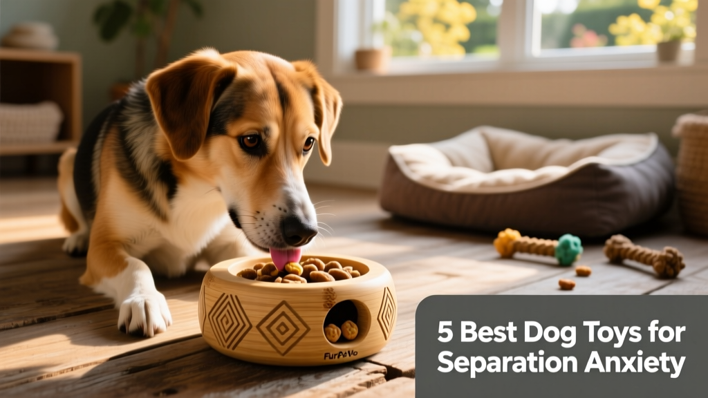 A dog calmly licking treats from a FurPetVo anxiety toy designed to dispense rewards slowly
