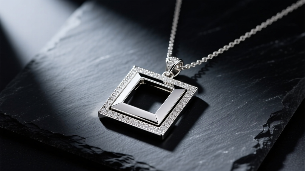 Sterling silver large square pendant necklace resting on dark slate with soft directional lighting and sharp edge shadows.