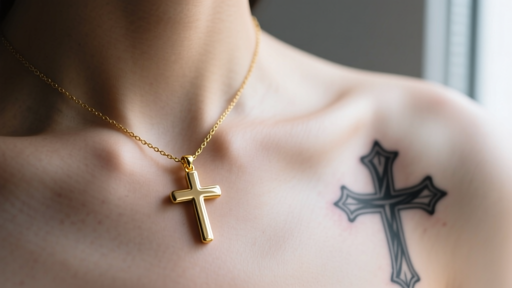 Close-up of a delicate 14k gold cross pendant resting on the collarbone next to a faded fine-line blackwork cross tattoo on skin.