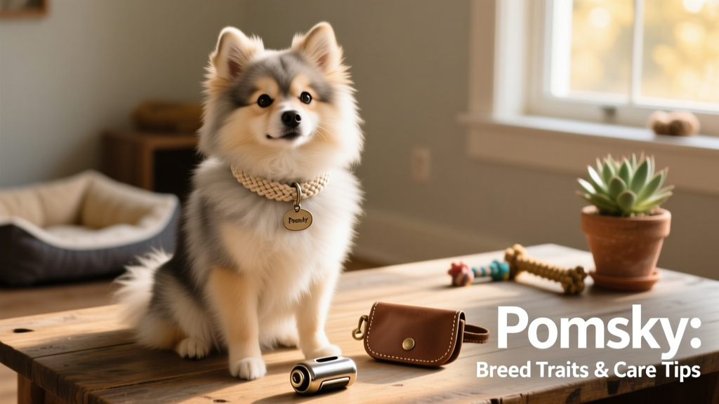 A well-groomed Pomsky wearing a soft collar, sitting attentively beside a training clicker and treat pouch