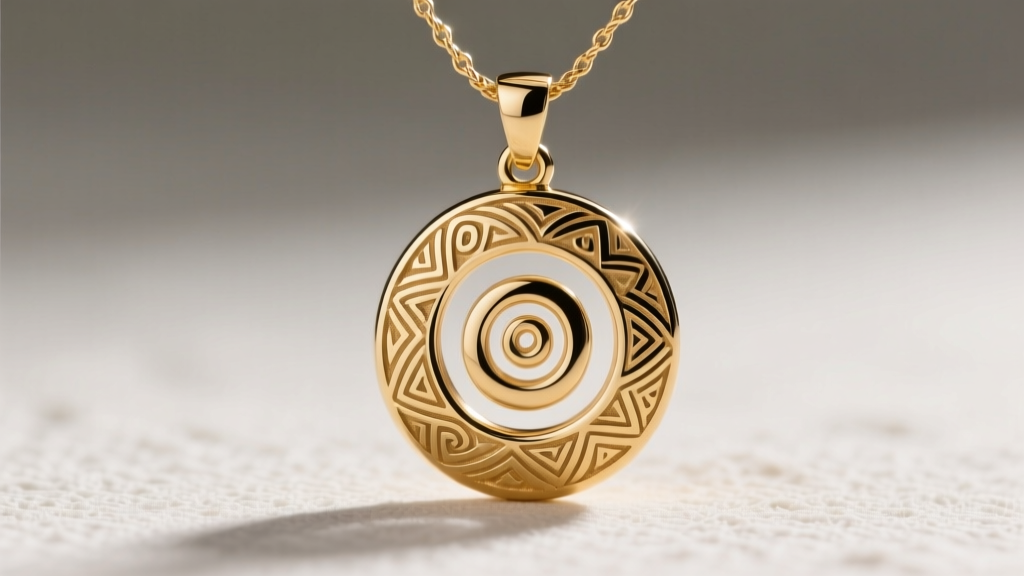 Macro shot of a 14k gold vermeil Polynesian spiral pendant on a 1.5mm cable chain, highlighting intricate engraved tribal patterns