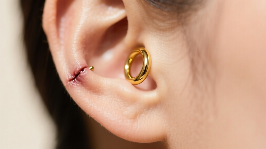 Close-up of a healed earlobe piercing showing a seamless 18k yellow gold clicker hoop, highlighting the smooth polished metal finish
