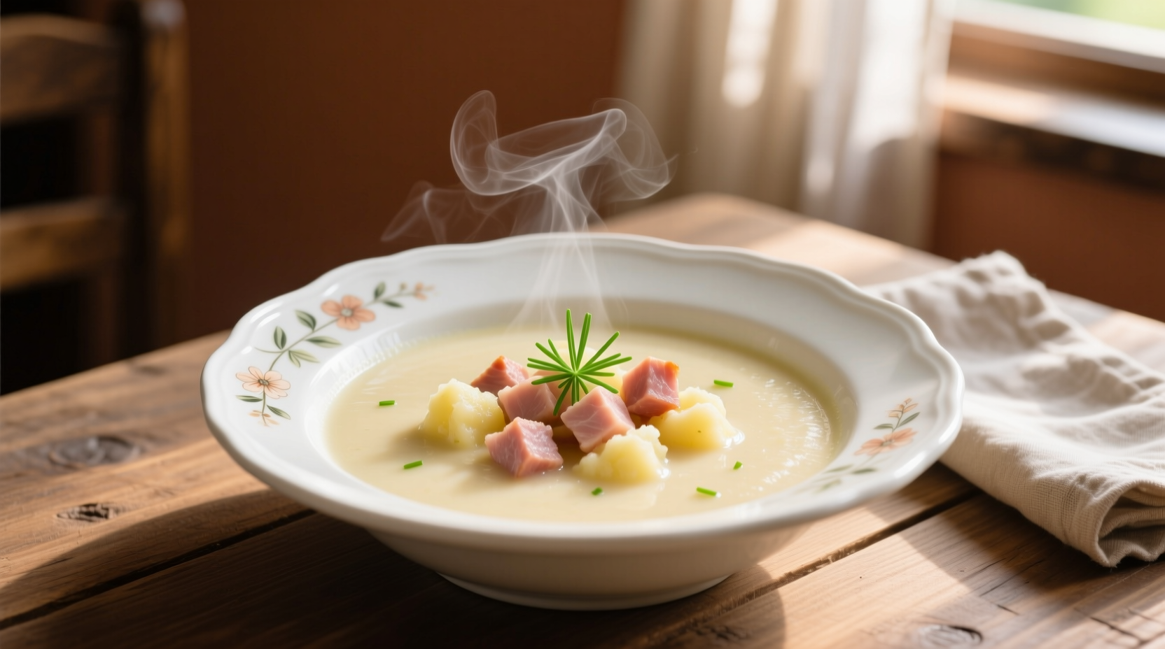 Creamy potato soup with ham in white bowl