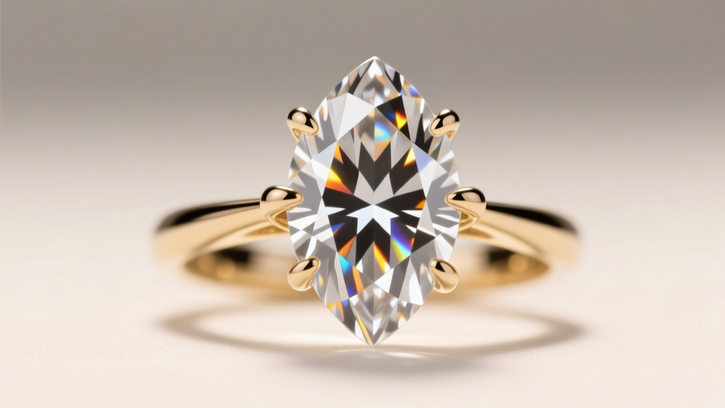 Macro shot of a marquise diamond in 18k white gold, highlighting the four-prong setting and brilliant light-reflecting facets.