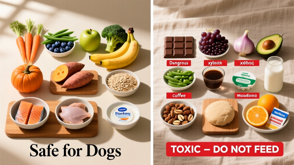 A side-by-side comparison showing safe human foods for dogs (like carrots and blueberries) next to unsafe ones (like chocolate and grapes)