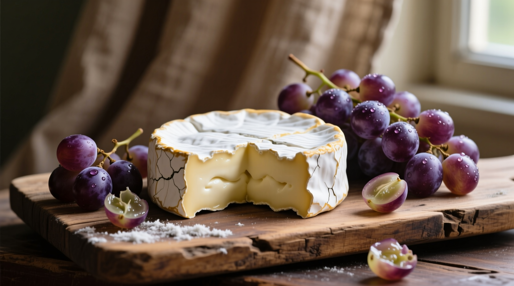 Perfectly ripened brie cheese on wooden board with grapes