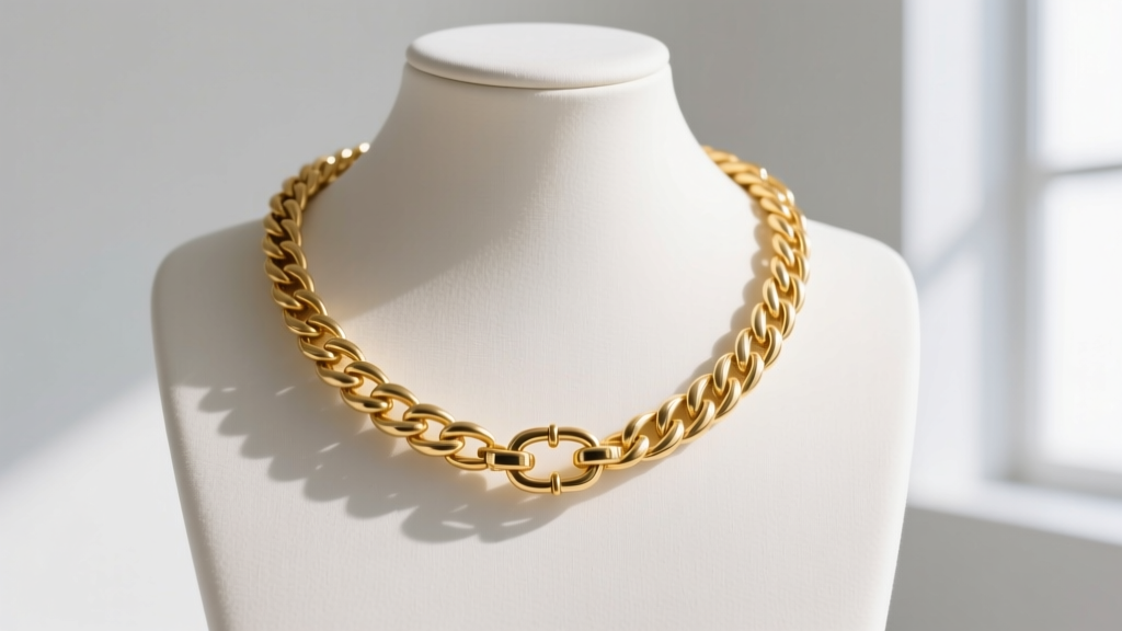 A 22-inch 18k gold wheat chain necklace on a mannequin chest, highlighting intricate woven links and a secure lobster clasp.