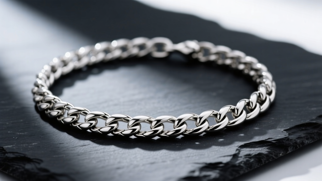 Macro shot of a tightly woven sterling silver snake chain necklace on dark slate, highlighting the smooth, scaled metallic texture.