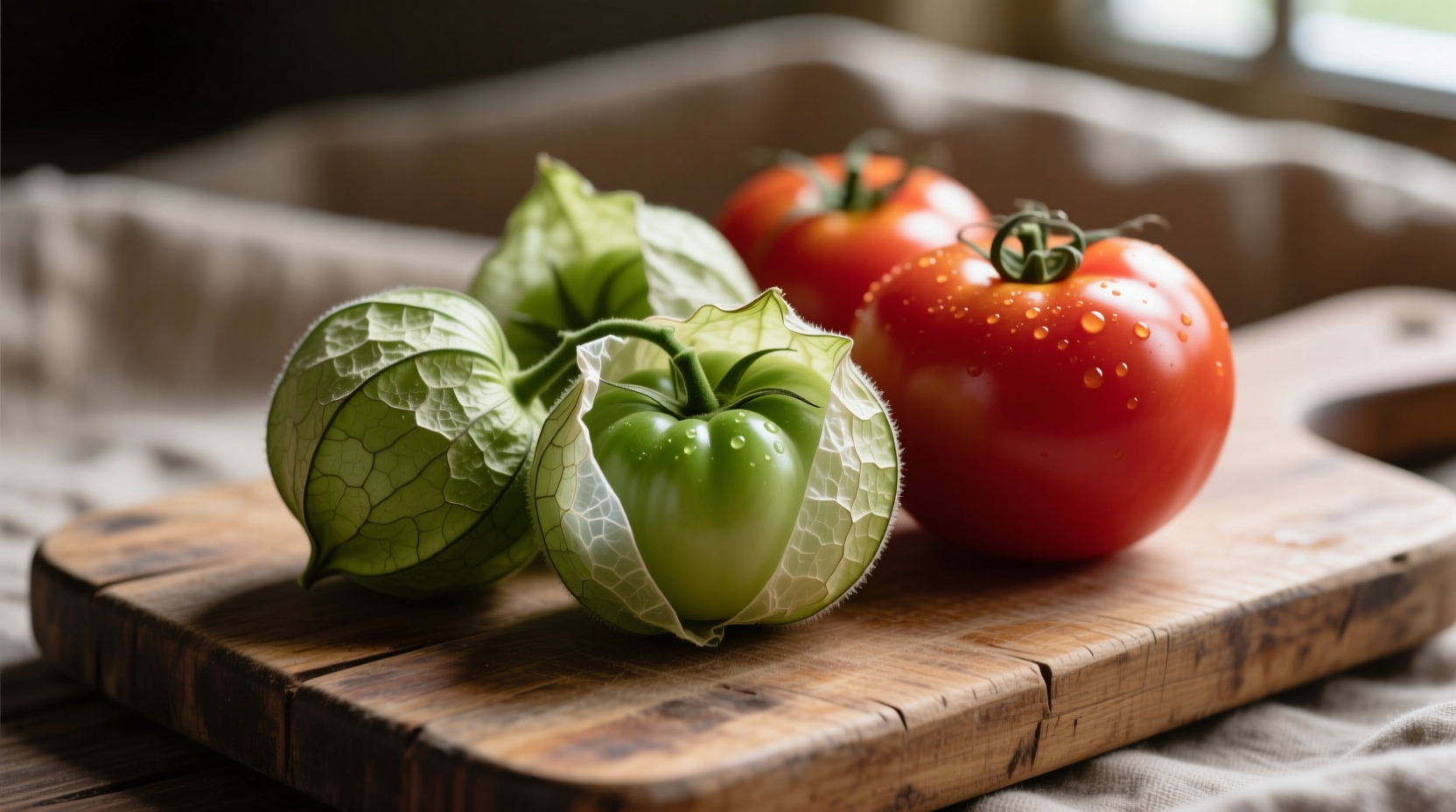 Fresh tomatillos in husks next to ripe tomatoes
