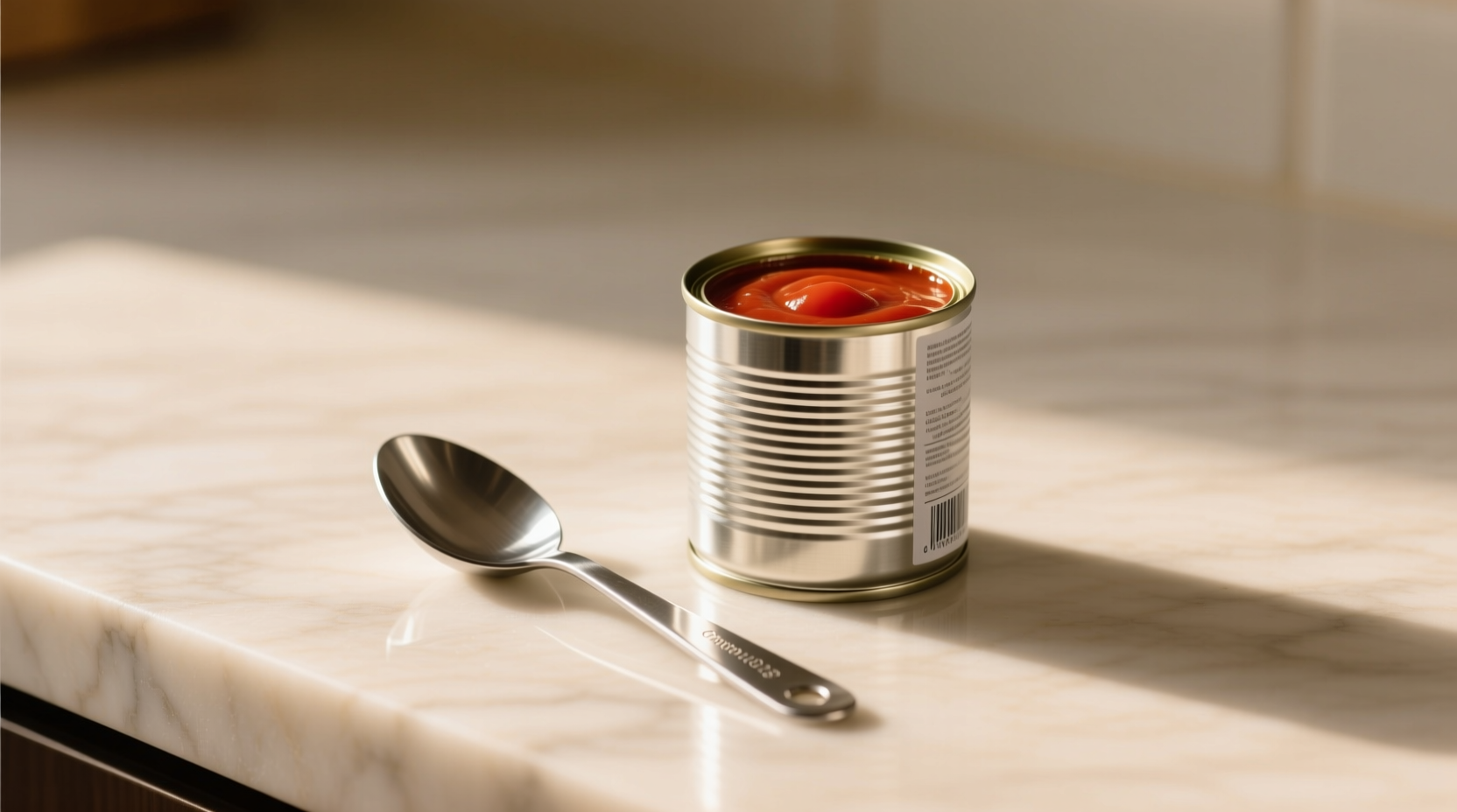 Small can tomato sauce next to measuring spoon