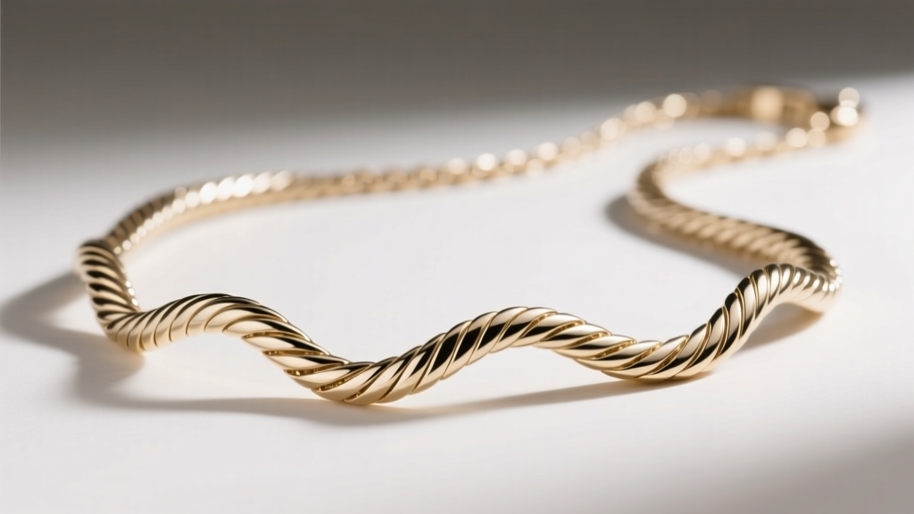 Close-up of 18k white gold twisted herringbone necklace showing a flat, fluid, snake-like drape under bright studio light.