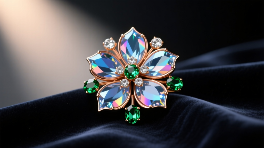 A glamorous 1950s Mid-Century retro floral brooch with aurora borealis rhinestones resting on dark velvet, lit by warm spotlight.