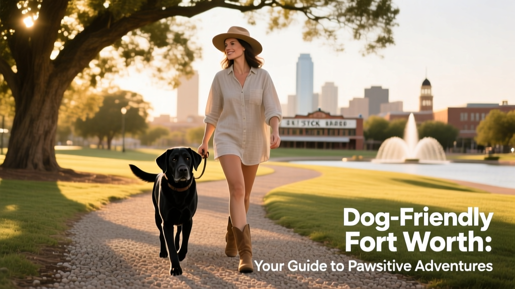 a woman walking a black dog through a park in Fort Worth