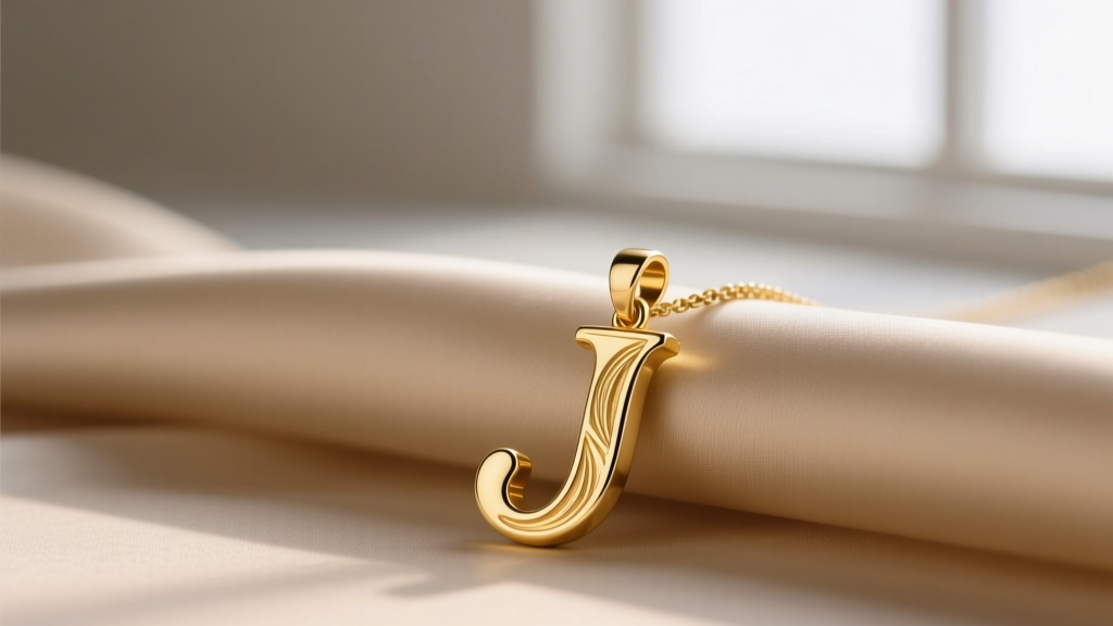 A 14k solid gold J pendant necklace resting on beige silk, soft lighting highlighting the polished curves of the initial letter.
