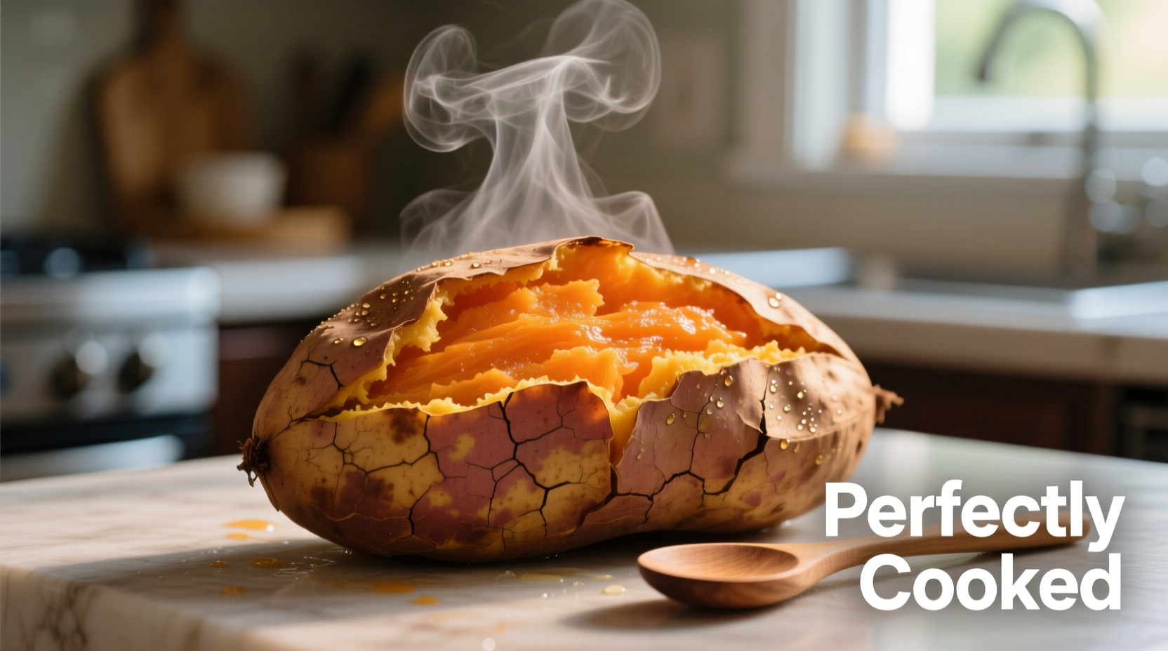 Perfectly cooked microwave sweet potato with steam rising