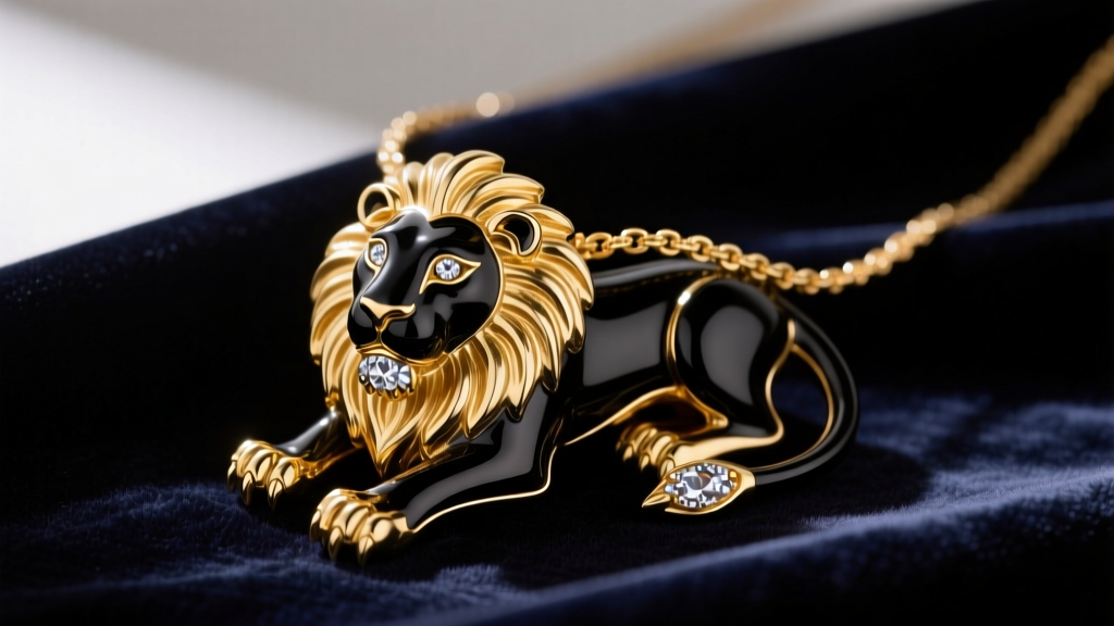 Close-up of a vintage Kenneth Jay Lane gold-plated lion pendant necklace with black enamel and crystal eyes on dark velvet fabric