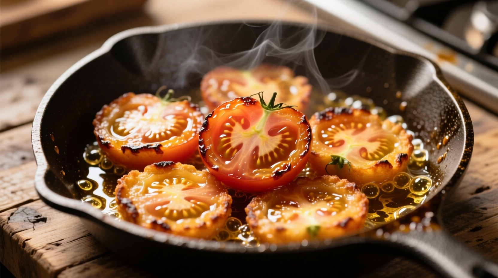 Golden fried tomato slices on cast iron skillet