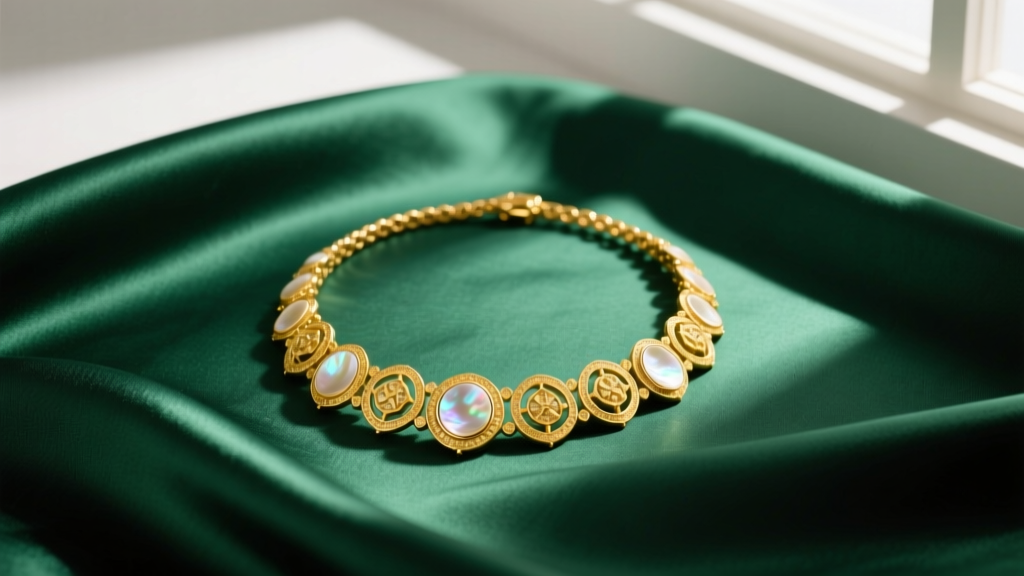 Elegant flat lay of an 18k yellow gold VCA Alhambra necklace with mother-of-pearl motifs resting on dark emerald green silk fabric