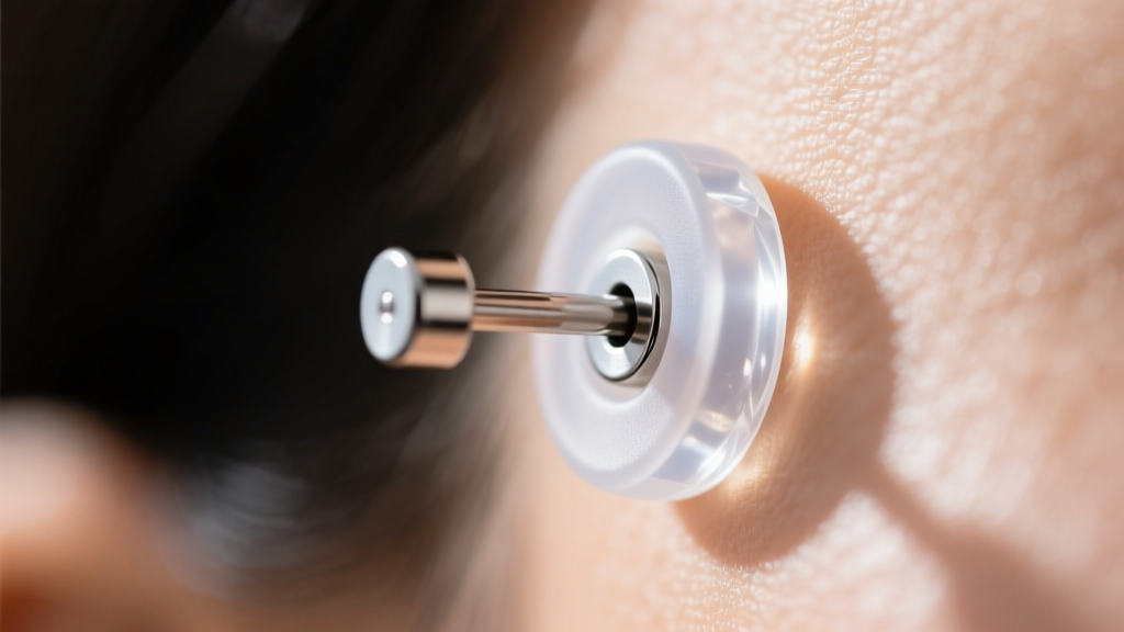 Macro photography of a clear medical-grade silicone back earring lock securing a titanium stud post against soft, blurred skin.