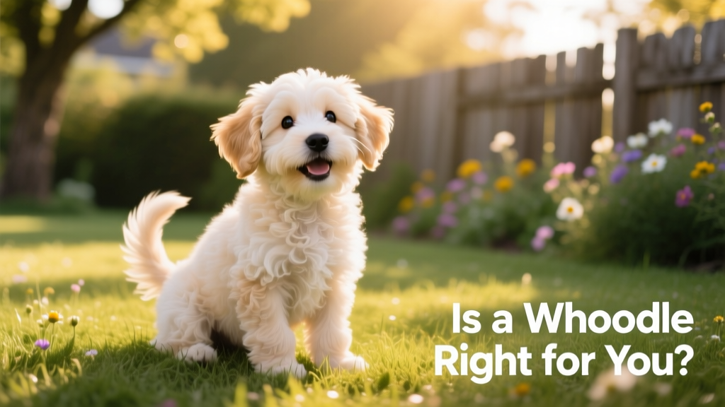 A smiling Whoodle puppy sitting on a grassy lawn, tail wagging, with soft wavy fur and expressive eyes