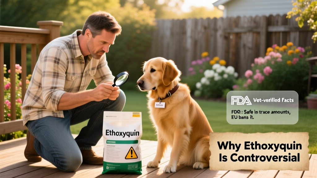 man checking dog food label