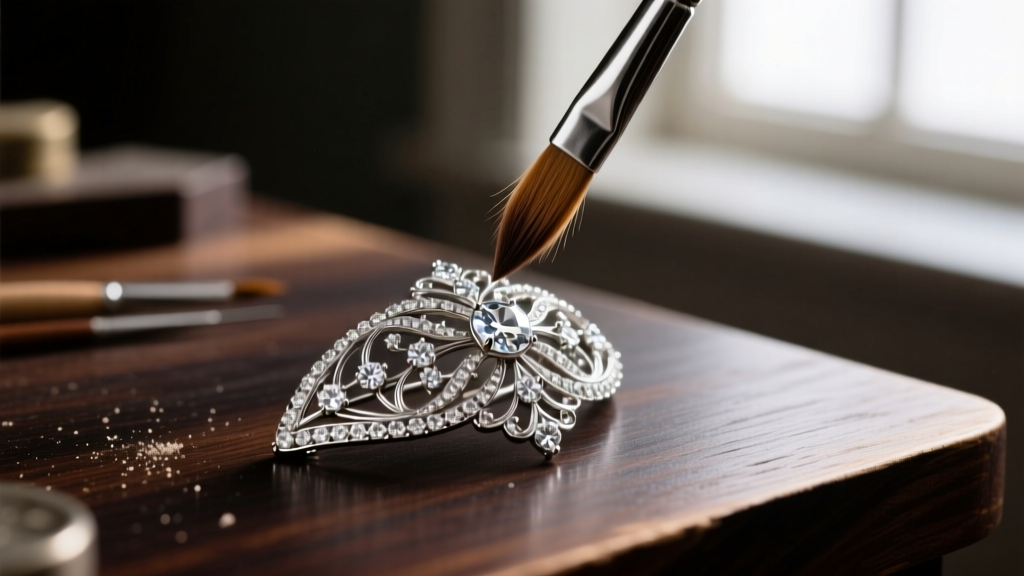 Soft sable brush gently cleaning the intricate platinum filigree of an Edwardian diamond brooch resting on a dark wood workbench