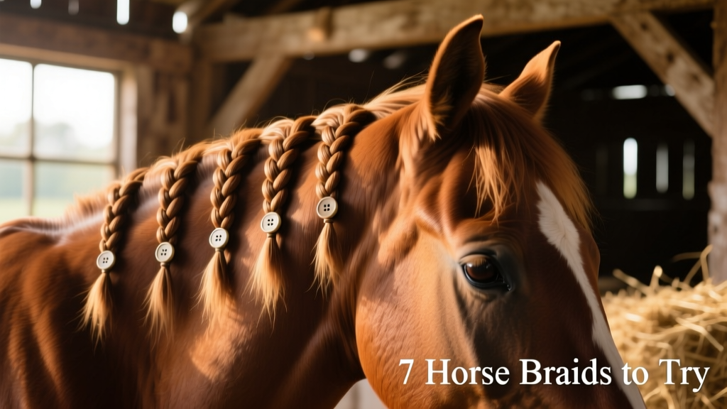 Close-up of neatly secured button braids along a horse's crest