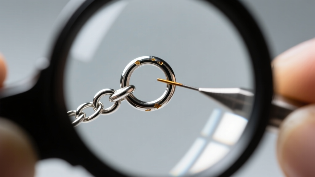 Jewelry loupe inspecting a tiny soldered jump ring connecting a delicate chain link to a spring ring clasp on polished silver.